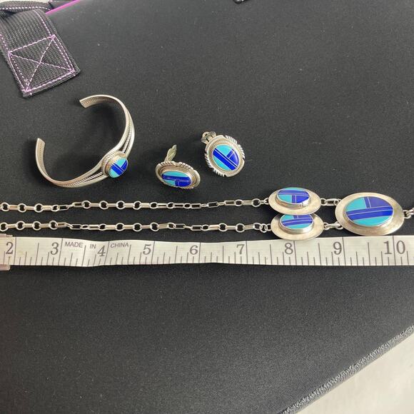 Navajo Turquoise Sterling Earrings Necklace Bracelet McCray JM Lapis Silver Set - Picture 11 of 12